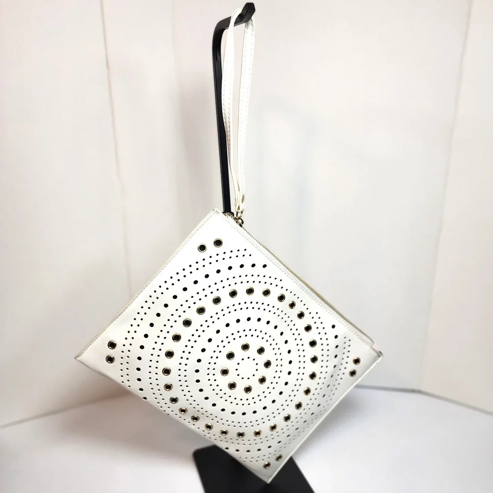 White Laser Cut Perforated Grommet Wristlet Clutch Bag with Gold Accents